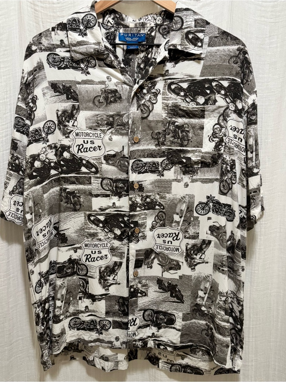 Vintage PURITAN Retro Motorcycle US Racer Black Button Up Shirt Men’s L